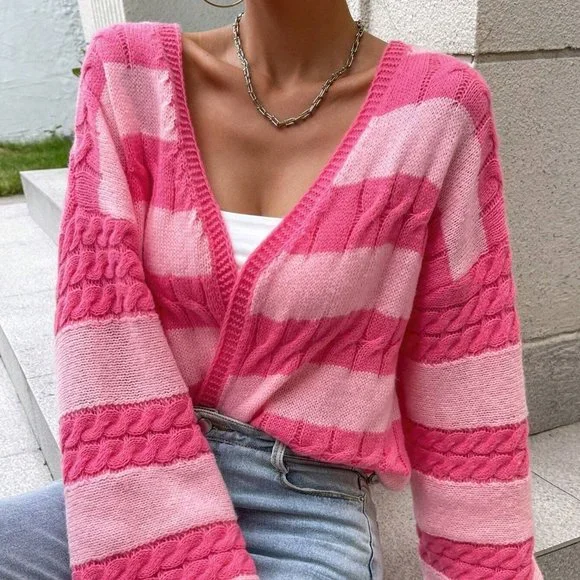 Pink Boho Womens Two Tone Drop Shoulder Open Front Cardigan - Picture 2 of 5